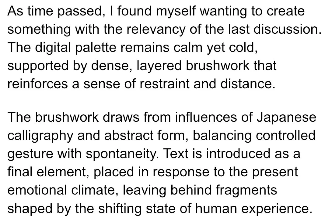 A block of text discussing the creative process, digital art palette, brushwork inspired by Japanese calligraphy, and emotional interpretation through abstract forms and calligraphy influences.