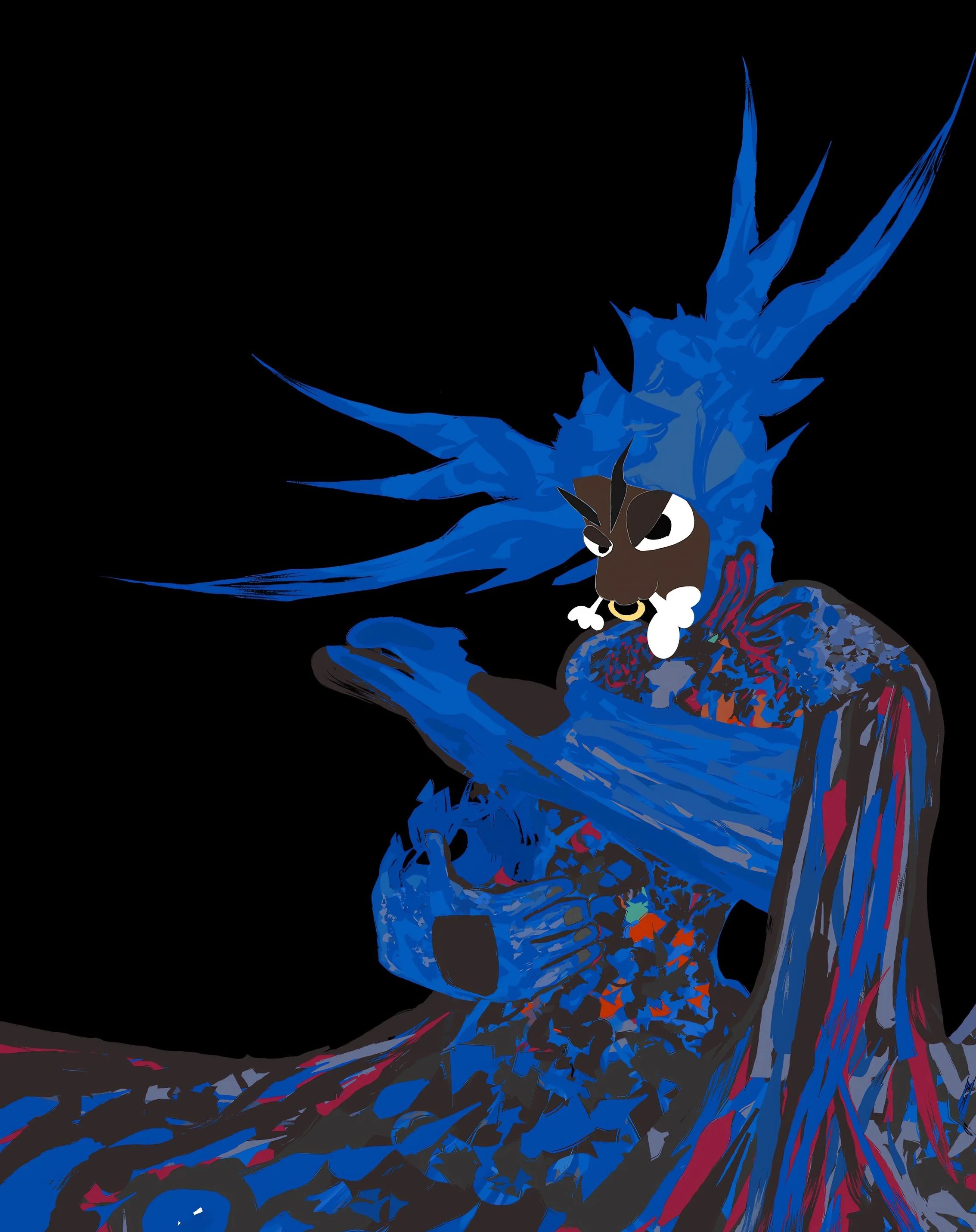 Digital illustration of a stylized character with blue spiky hair, dark skin, and vibrant clothing, set against a black background.