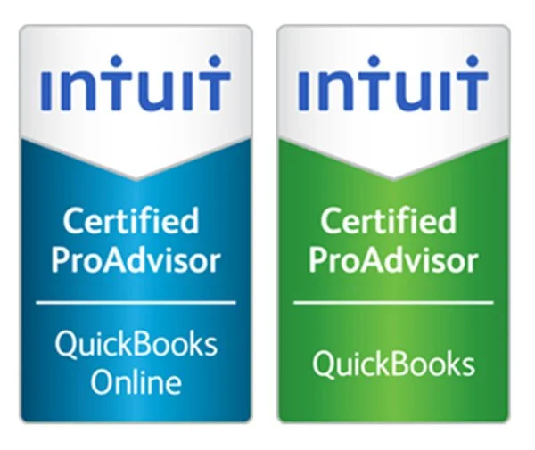 Two certification badges for Intuit Certified ProAdvisor for QuickBooks Online, one blue and one green.