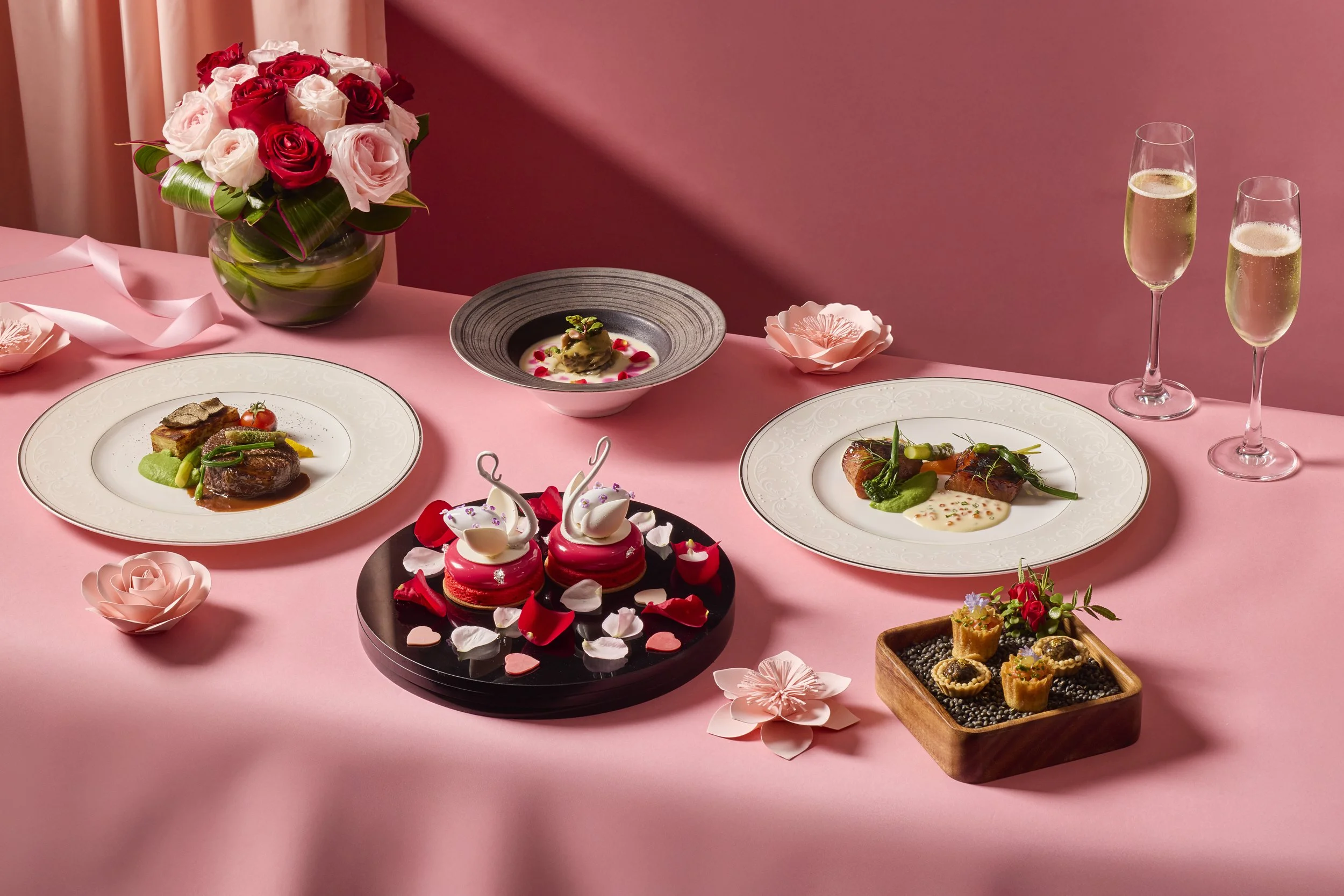 Three-course set dinner photographed for social media content for Shangri-La The Rose Veranda in Singapore
