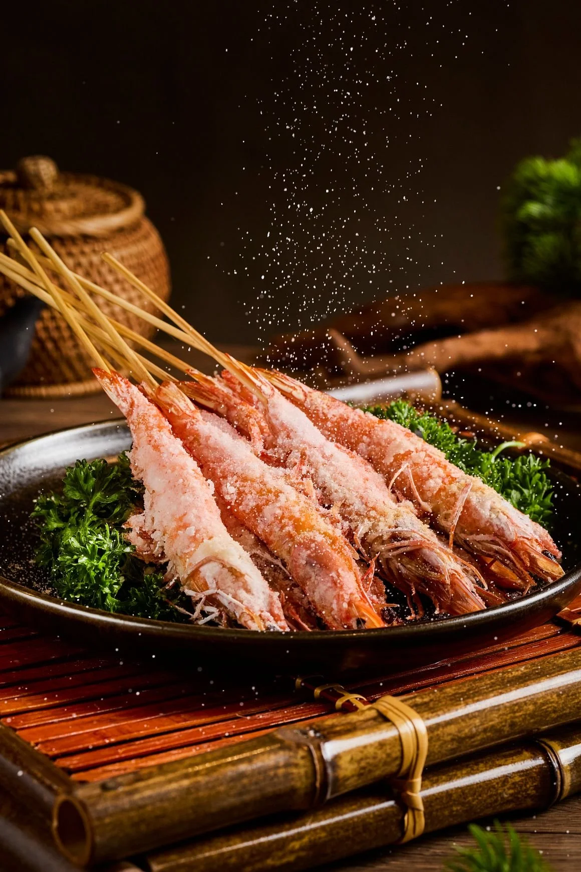 Prawns on skewers photographed for a menu concept for Huo Lu Huo Korean BBQ in Singapore