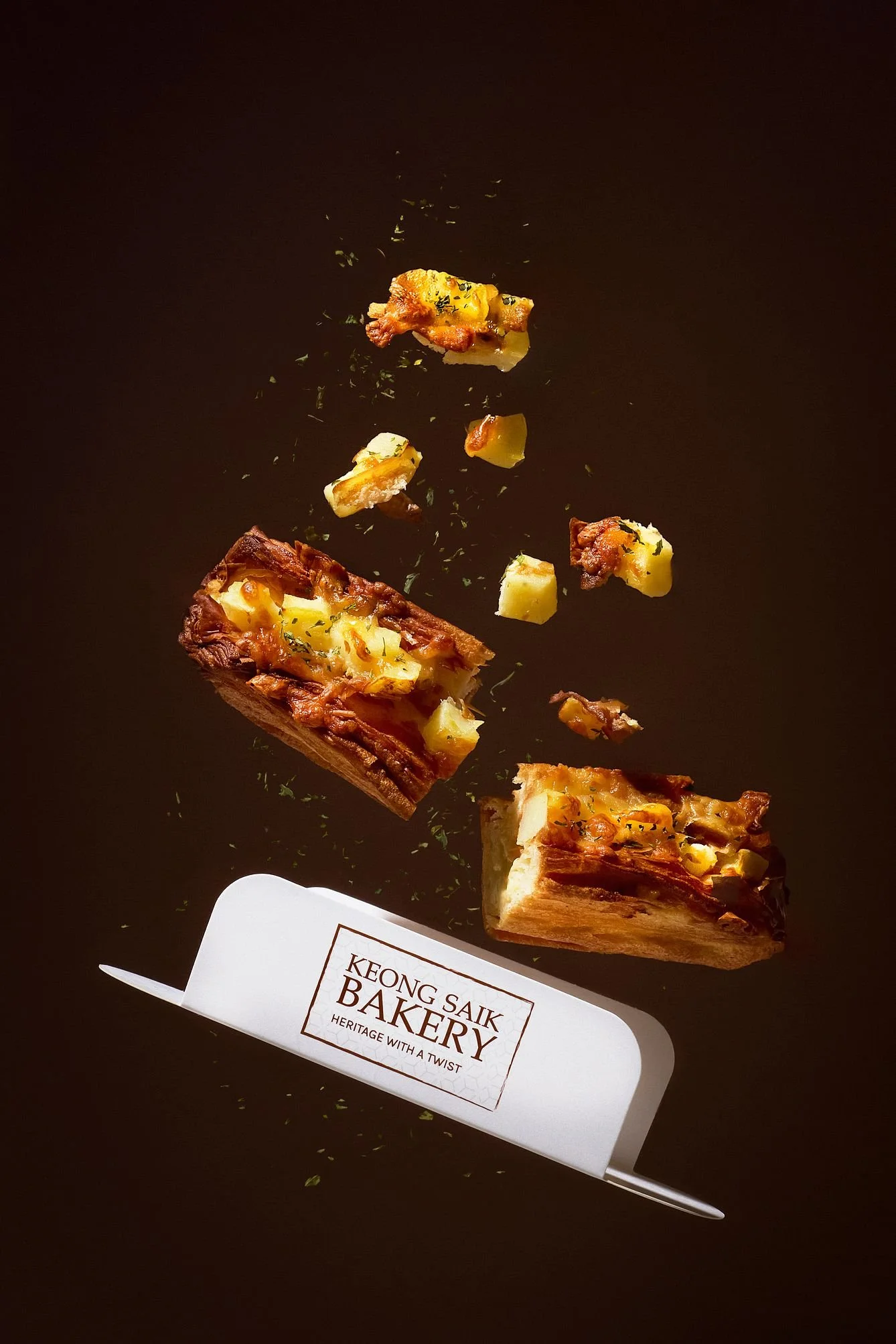 Flying pastry ingredients captured for a brand concept shoot for Keong Saik Bakery in Singapore
