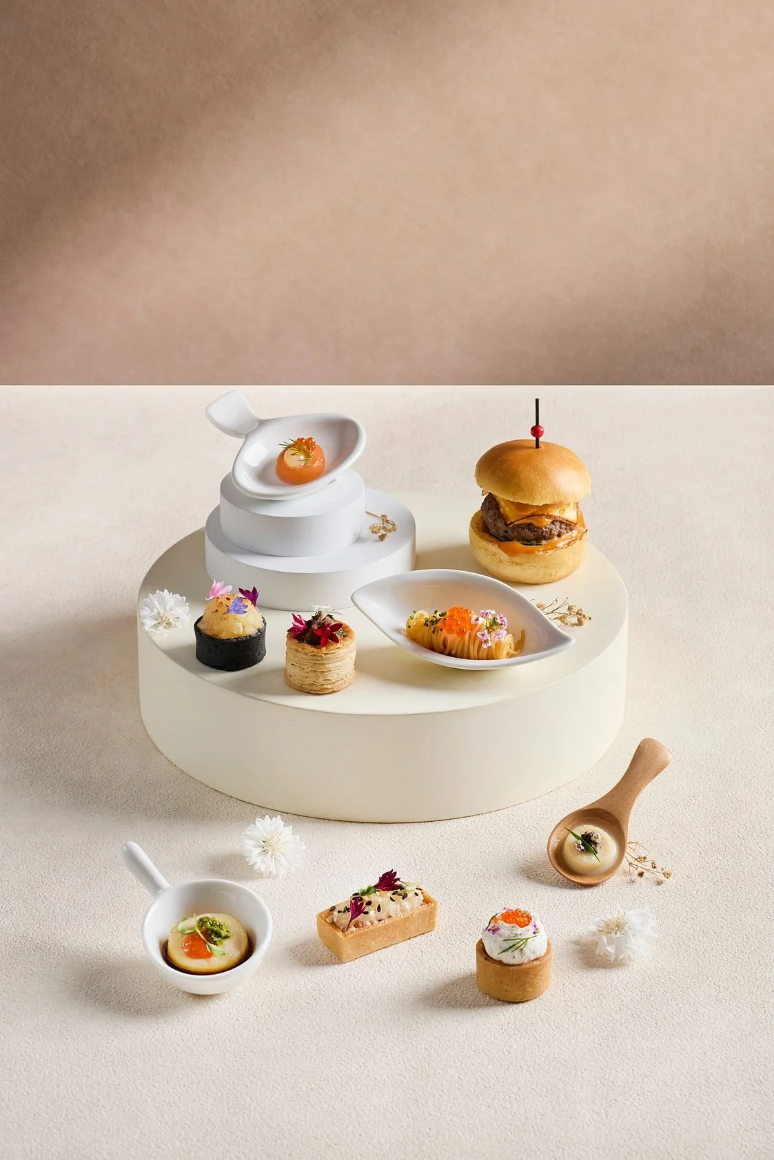 Savoury canapés photographed for a branding project for Purple Sage Group in Singapore