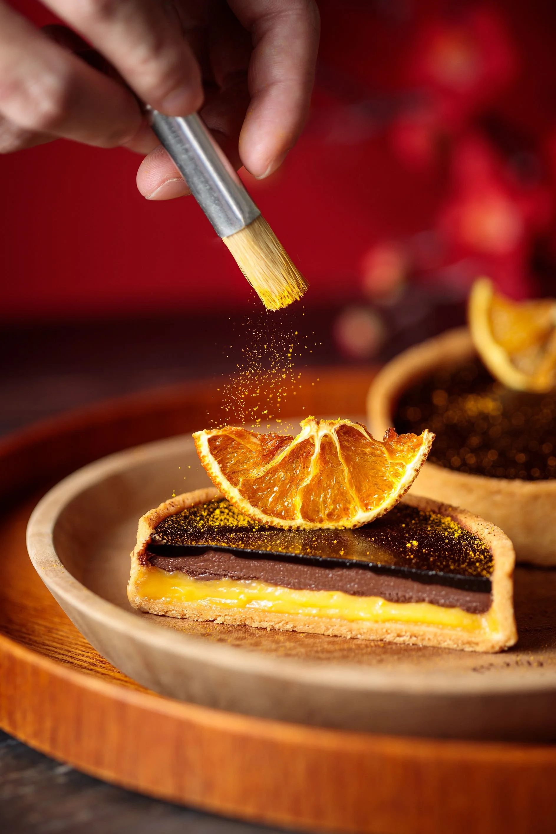 Orange chocolate tart photographed for a branding campaign for Tanamera Coffee in Singapore