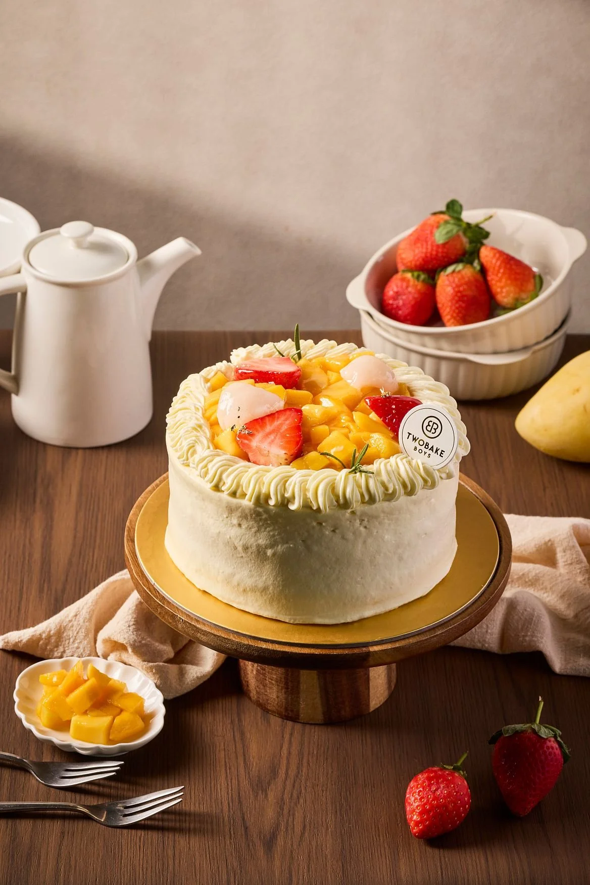 Signature mango crepe cake photographed for social media content for Two Bake Boys in Singapore