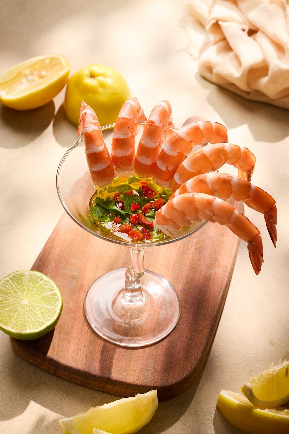 Cocktail prawns photographed for a branding campaign for Vertical Oceans in Singapore