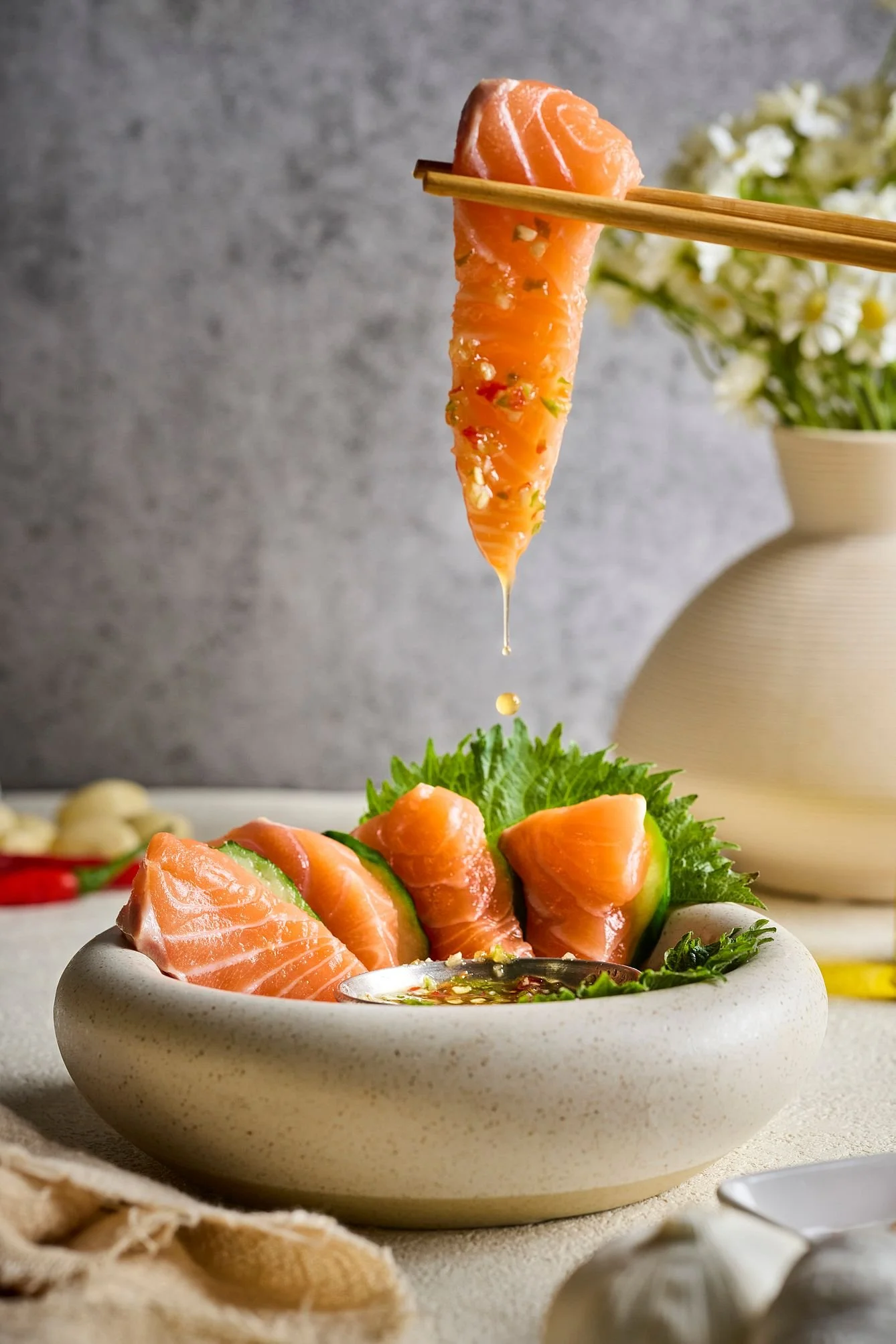 Fresh salmon sashimi photographed for a menu concept for Mingle Bistro in Singapore