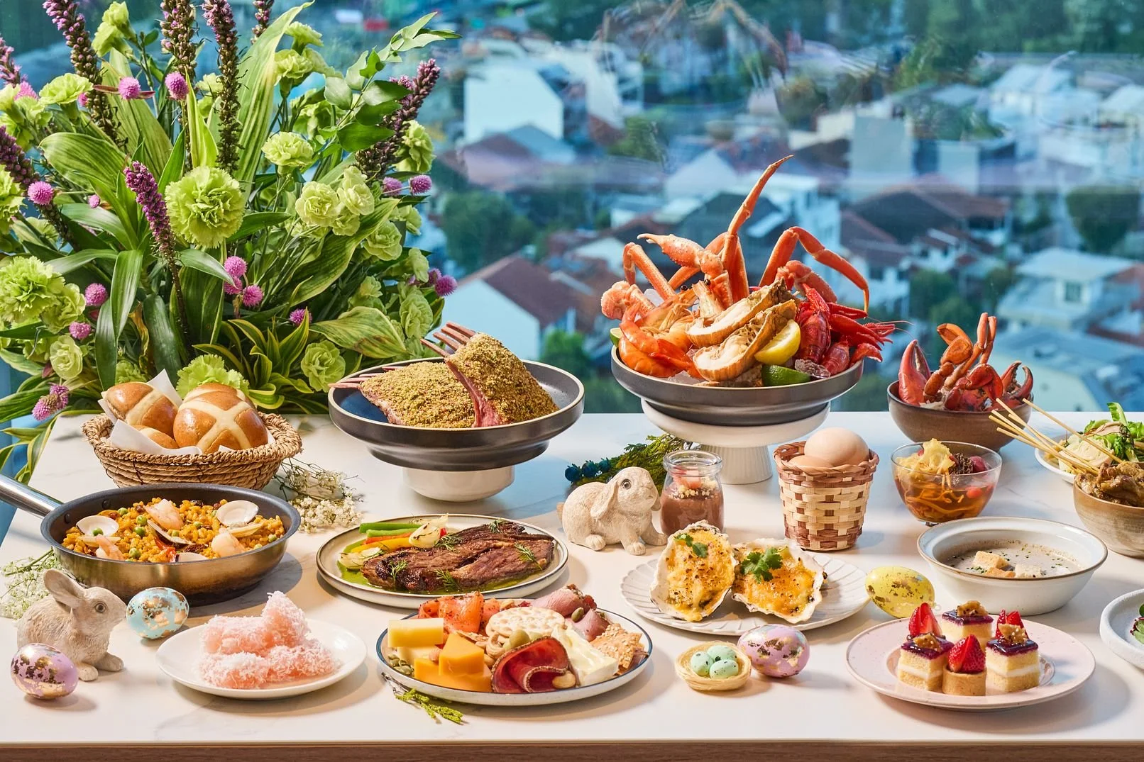 Seasonal buffet photographed for an Easter campaign at Sky22 Courtyard by Marriott in Singapore