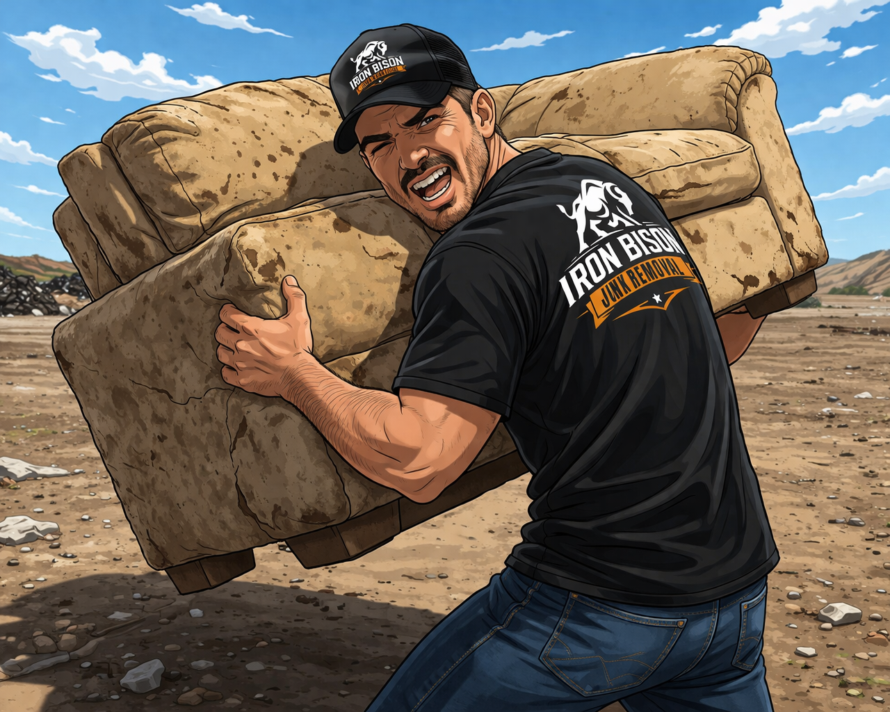 A muscular man wearing a black Iron Bison Junk Removal shirt and cap is lifting a large piece of junk or debris in a barren outdoor area with mountains and blue sky with clouds in the background.