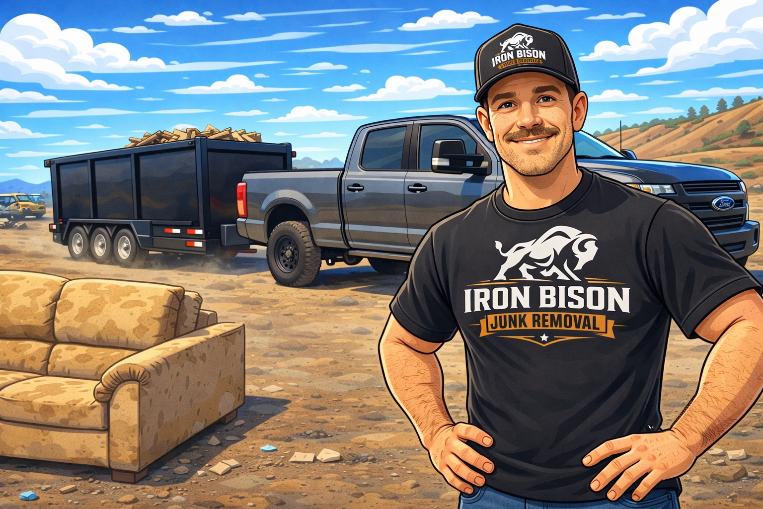 A smiling man in a black Iron Bison Junk Removal T-shirt and cap standing with hands on hips outdoors. Behind him, a black pickup truck with a trailer loaded with debris, and other vehicles under a blue sky with clouds, in a dirt lot with a hill in t