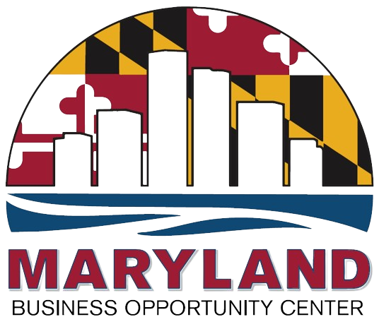 Maryland Business Opportunity Center logo featuring a stylized city skyline beneath a colorful Maryland-themed arch