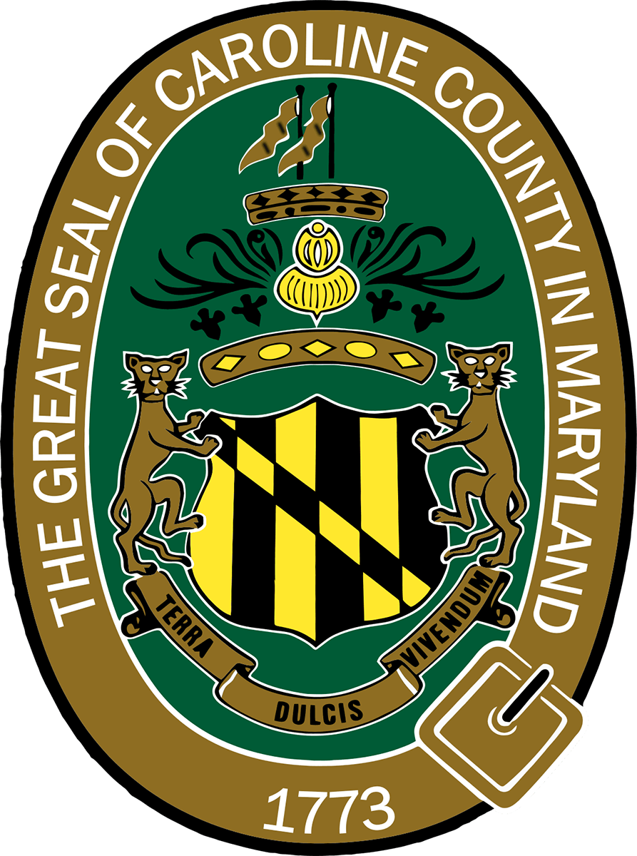 Great Seal of Caroline County, Maryland, featuring a crowned shield flanked by two leopards and the motto “Terra Dulcis Hyeremoun,” dated 1773.
