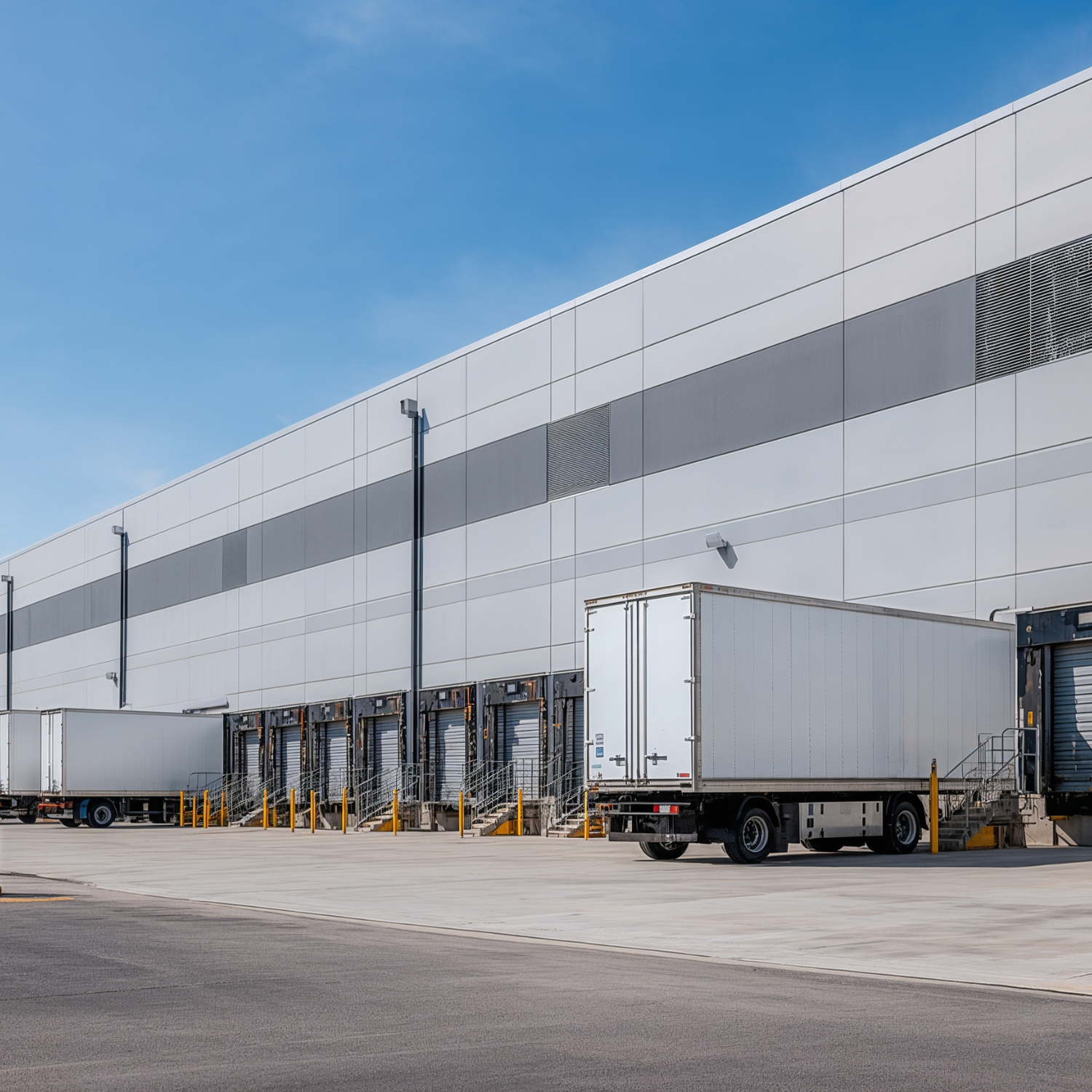 Modern warehouse loading dock with delivery trucks parked at multiple bays under a clear blue sky