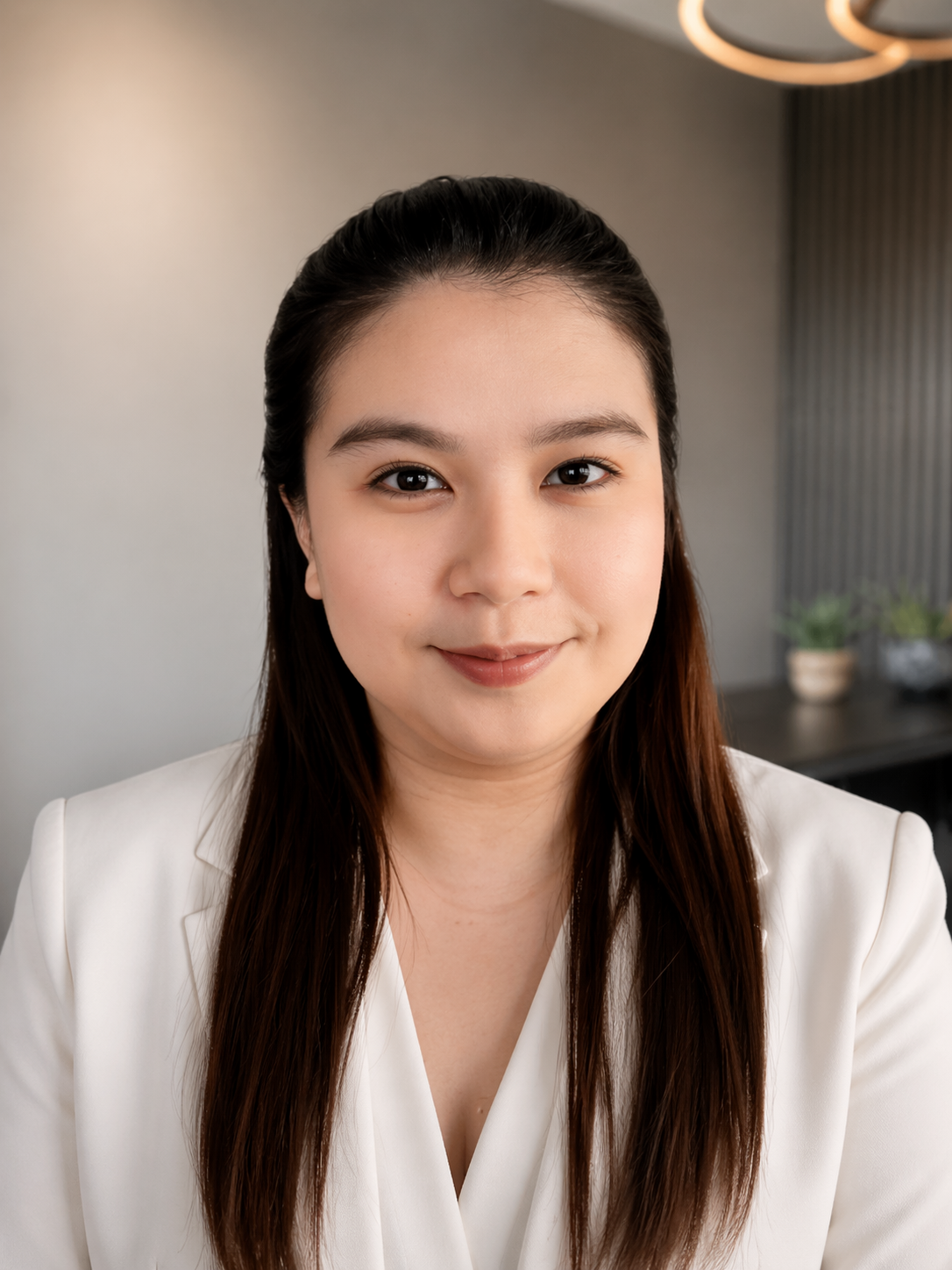 Professional headshot of a smiling woman with long dark hair wearing a white blazer indoors