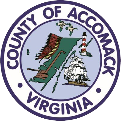 Round seal of Accomack County, Virginia, featuring a sailing ship, lighthouse, Native American canoe, birds, and maritime imagery