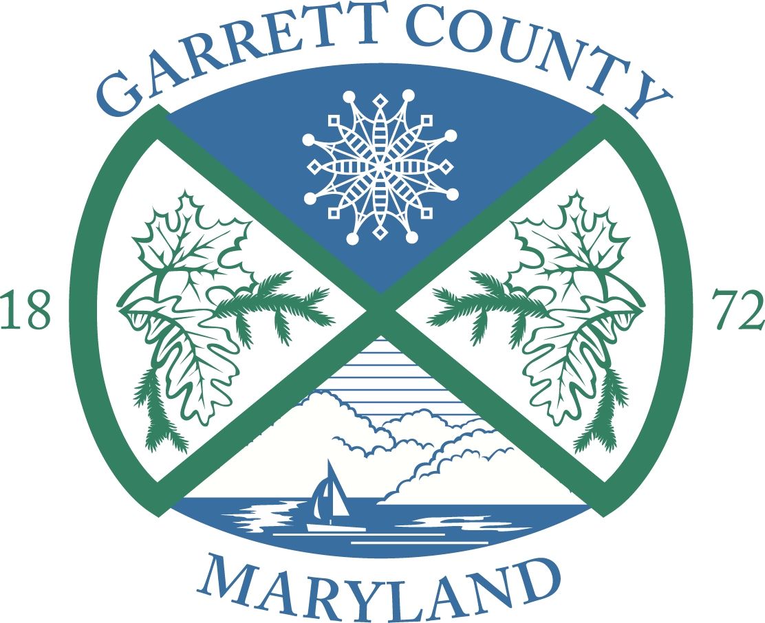 Garrett County, Maryland seal featuring a snowflake, Maryland foliage, mountain landscape, and sailboat