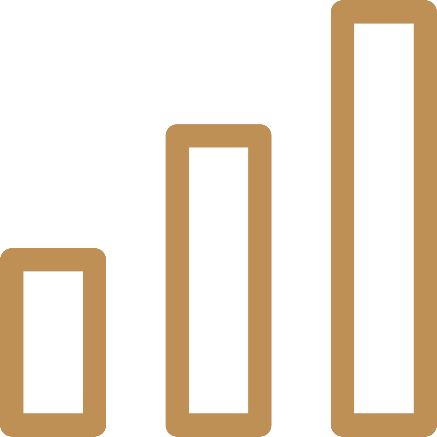 Minimalist gold bar chart icon on a black background showing three ascending bars