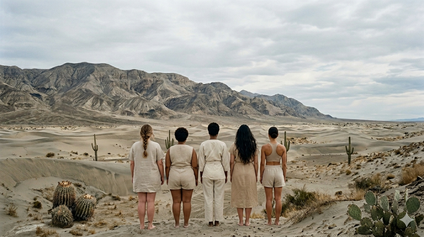 Five women in linen clothing standing in a desert with their backs facing the camera