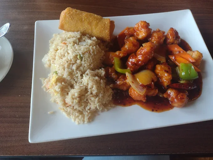Plate with fried rice, sweet and sour chicken with vegetables, and a spring roll