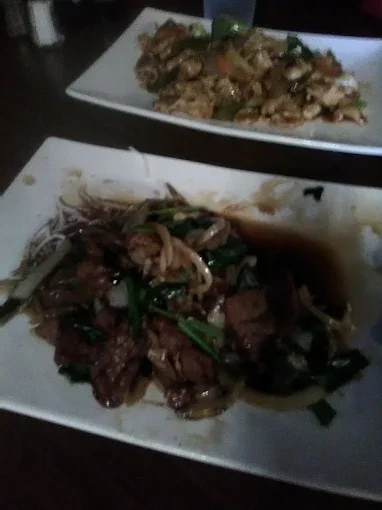 Two plates of Asian-style stir-fried beef with vegetables and sauce, served on rectangular plates.