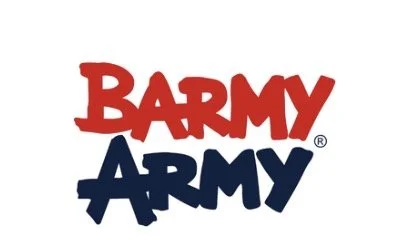 The logo of Barmy Army with red and blue text.