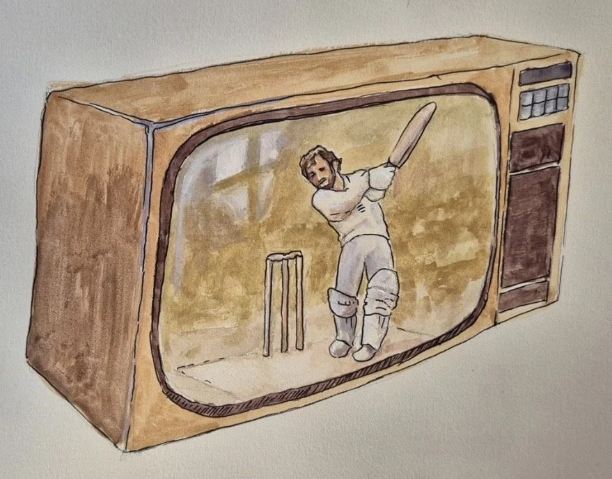 A painting of Ian Botham playing cricket on a vintage television set.