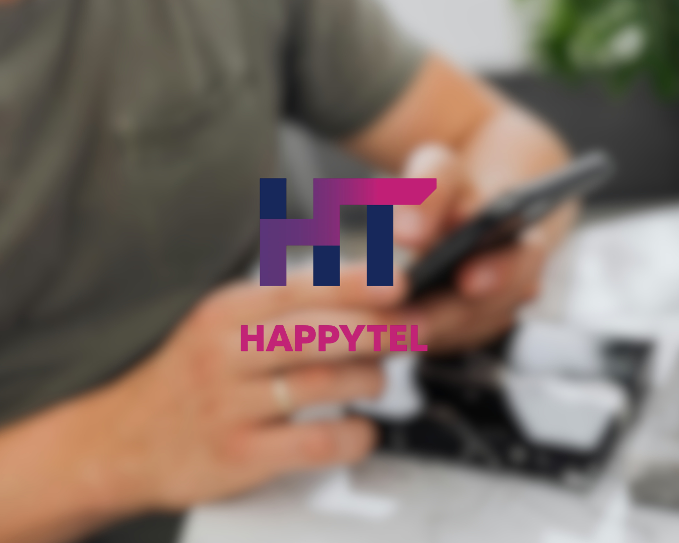 Blurry image of a person using a smartphone with a HappyTel logo overlay.