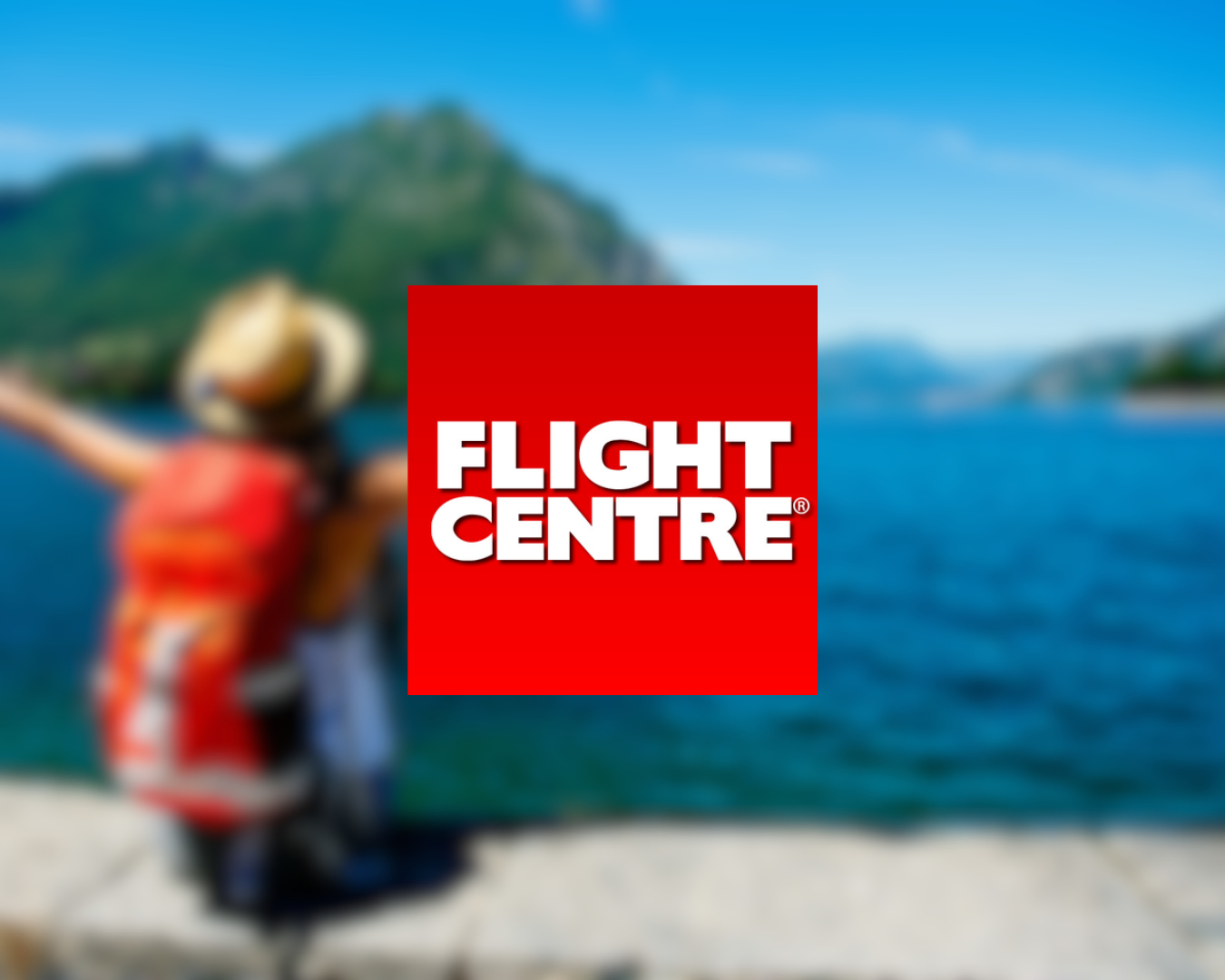 Blurred image of a woman with arms outstretched, wearing a hat, in front of a body of water with mountains in the background, and a red logo saying 'Flight Centre' in the center.
