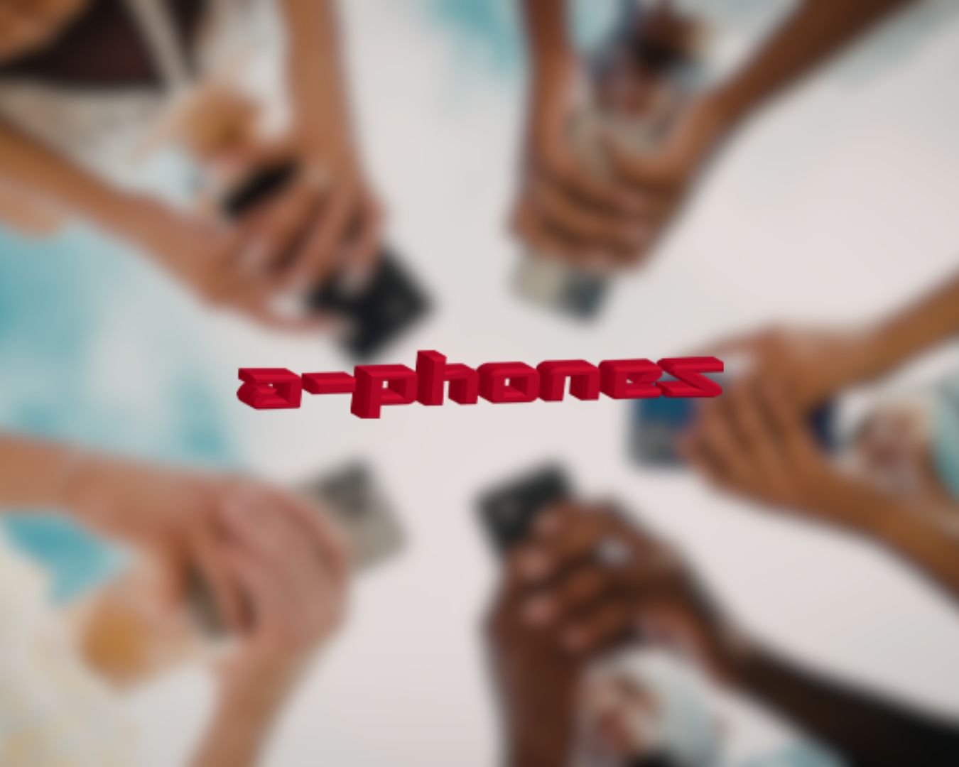 Multiple hands holding smartphones in a circle, with the word 'AI-Phones' in 3D red text in the center.