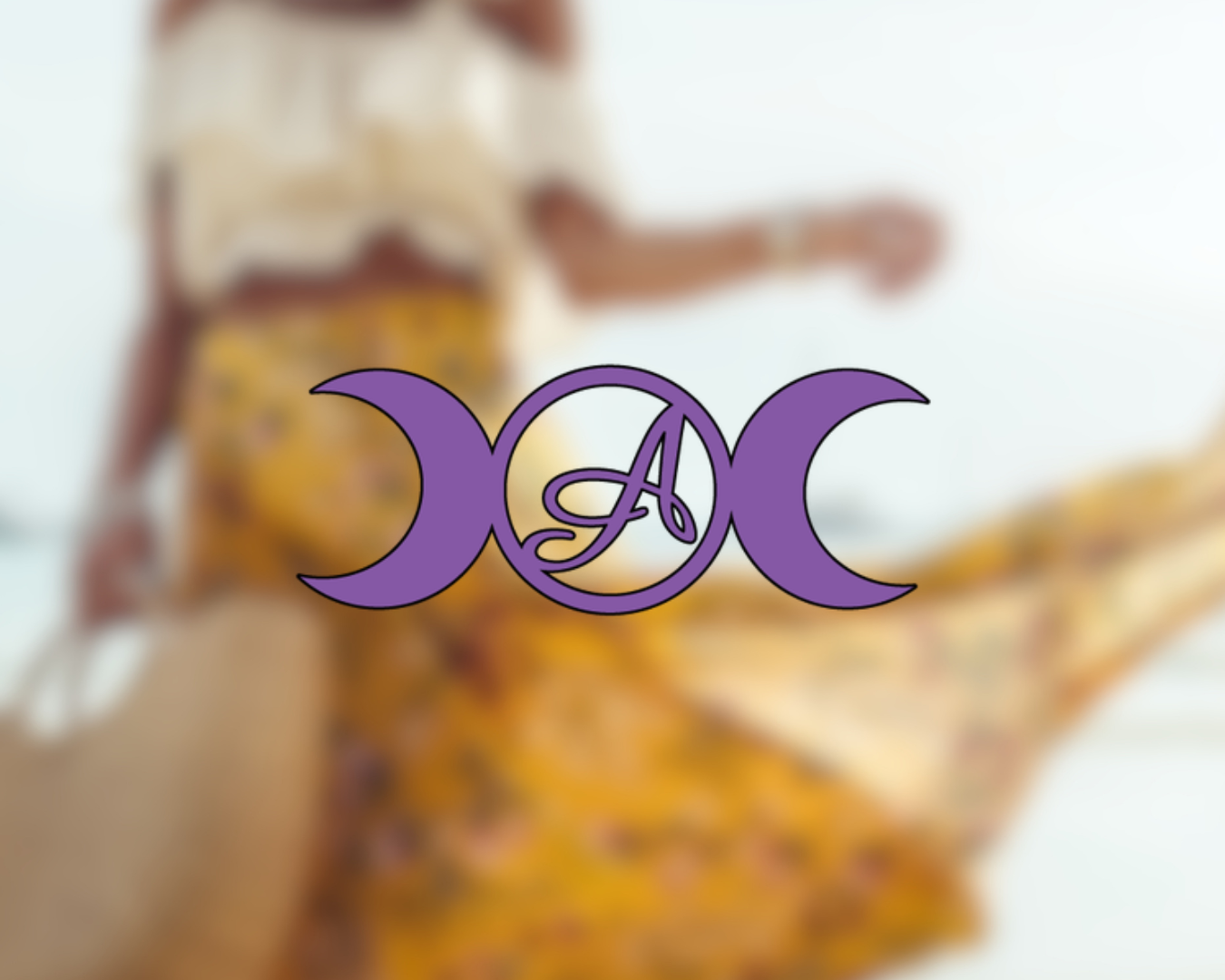 Blurred image of a person wearing yellow floral clothing with a purple logo overlaid, featuring three moons and a stylized letter 'A' in the center.
