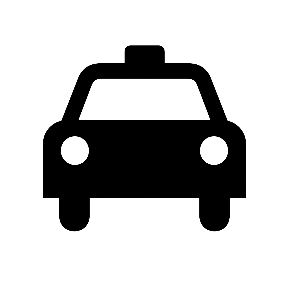 Black and white graphic of a car icon with a simple design, featuring a rectangular body and two circular wheels.