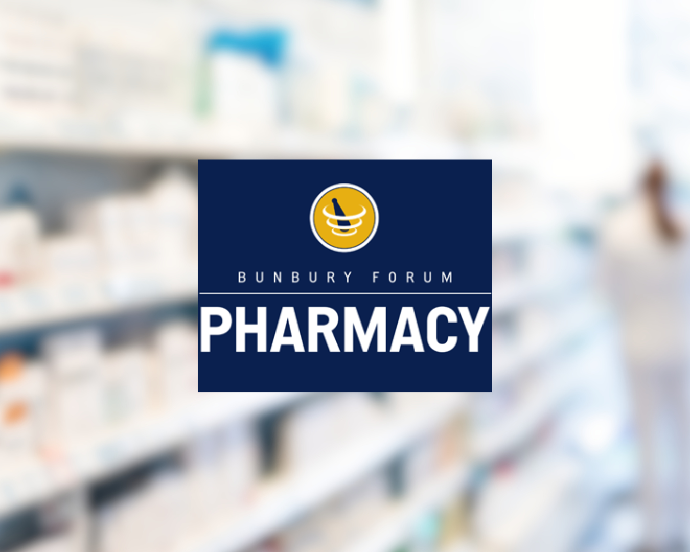 Logo for Bunbury Forum Pharmacy, featuring a circular icon with a stylized pill or capsule and the word 'PHARMACY' below.