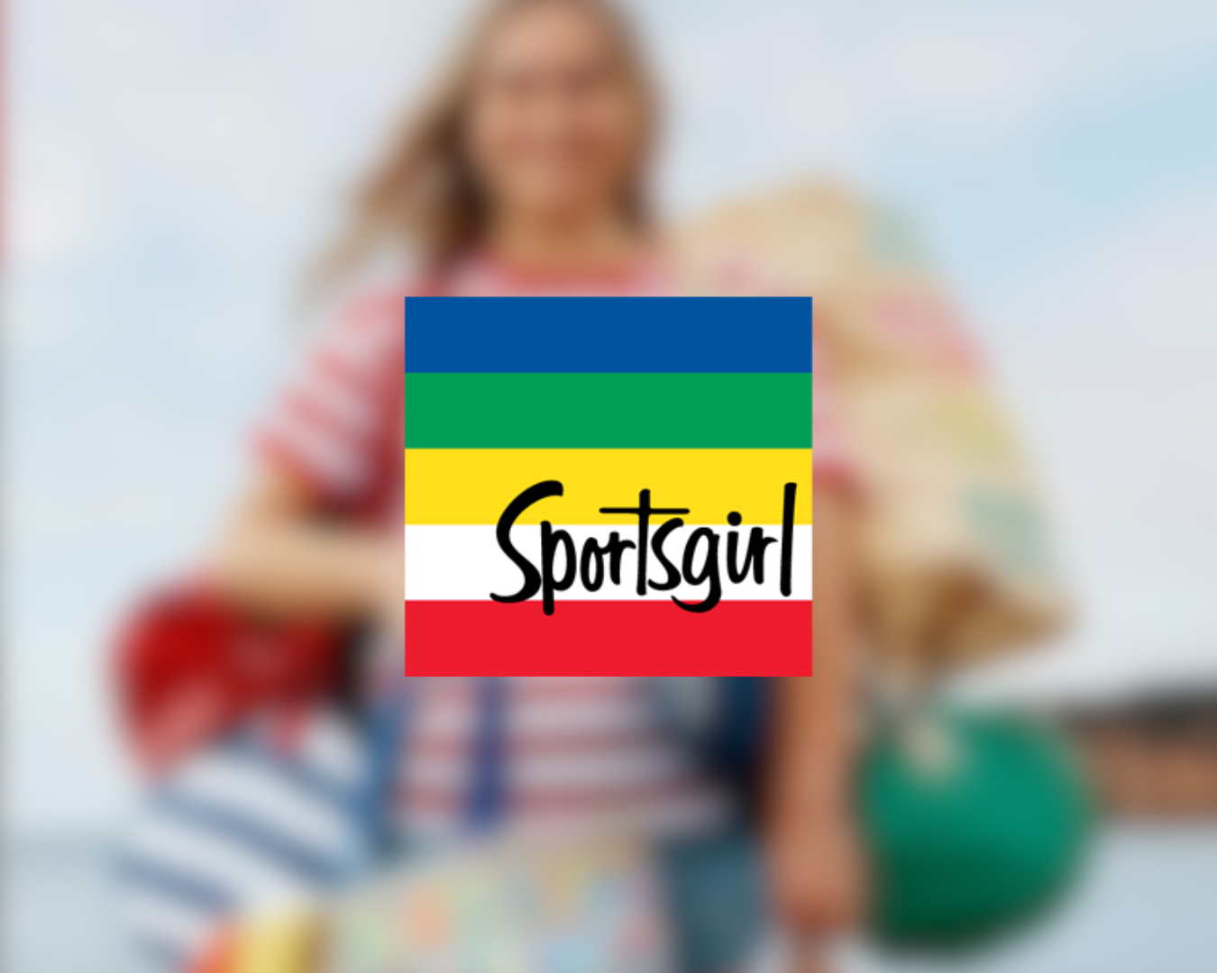 Blurry image of a woman holding shopping bags, with a colorful overlay featuring the text 'Sportsgirl' on a background of blue, green, yellow, white, and red stripes.
