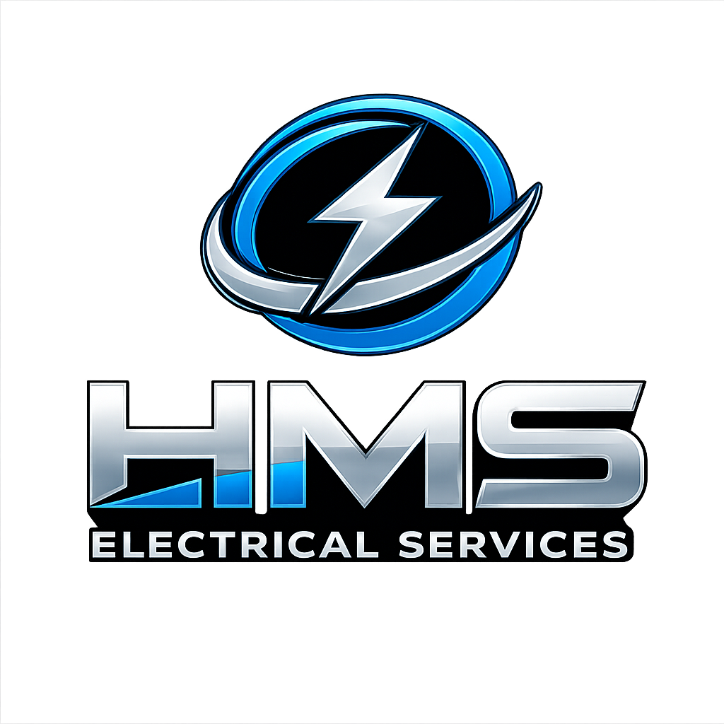 Logo for HMS Electrical Services featuring a lightning bolt and a circular design in blue and silver.