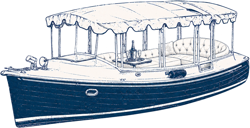 An illustrated navy-and-cream line drawing of a canopied electric duffy boat with tufted wraparound seating and a champagne bottle chilling in a bucket beside two glasses on a small table.