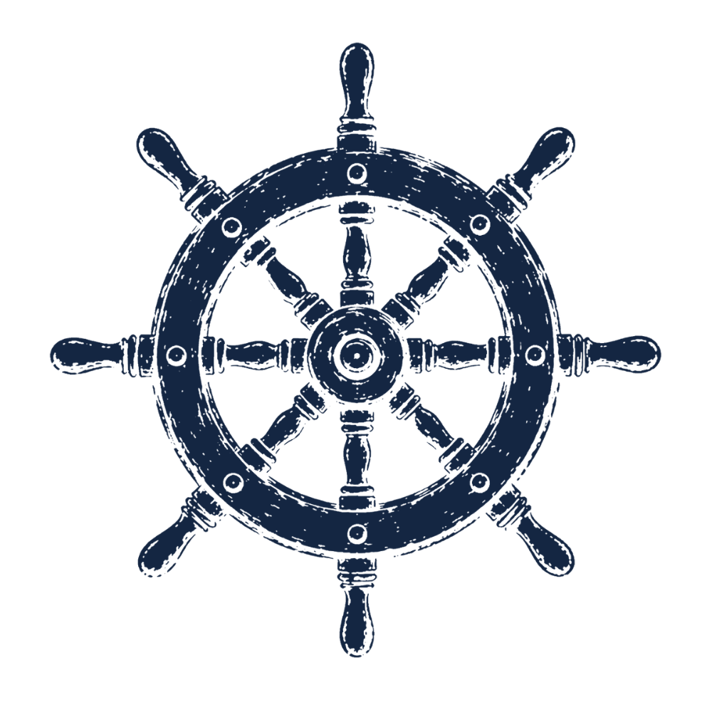 Illustration of a ship's steering wheel in navy blue.