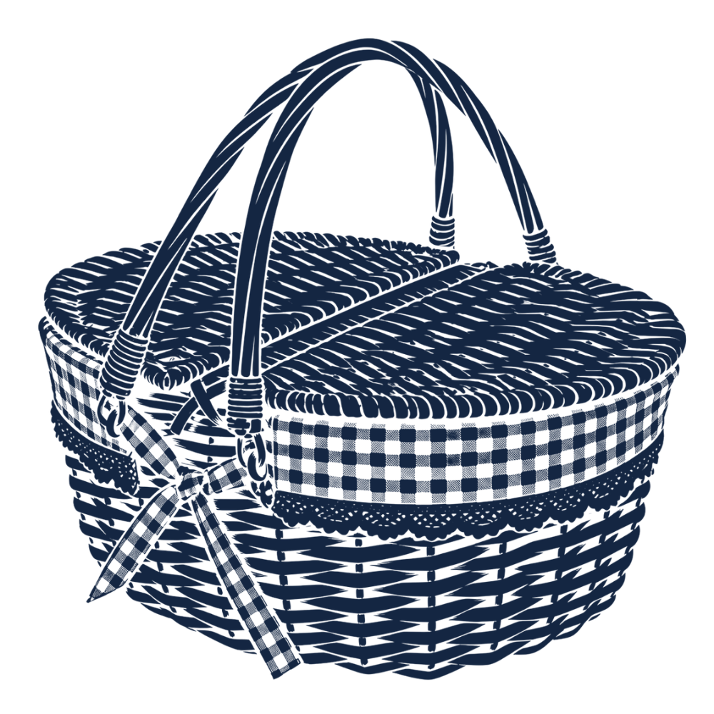 Illustration of a woven picnic basket with a lid, handle, and decorative bow on the side.