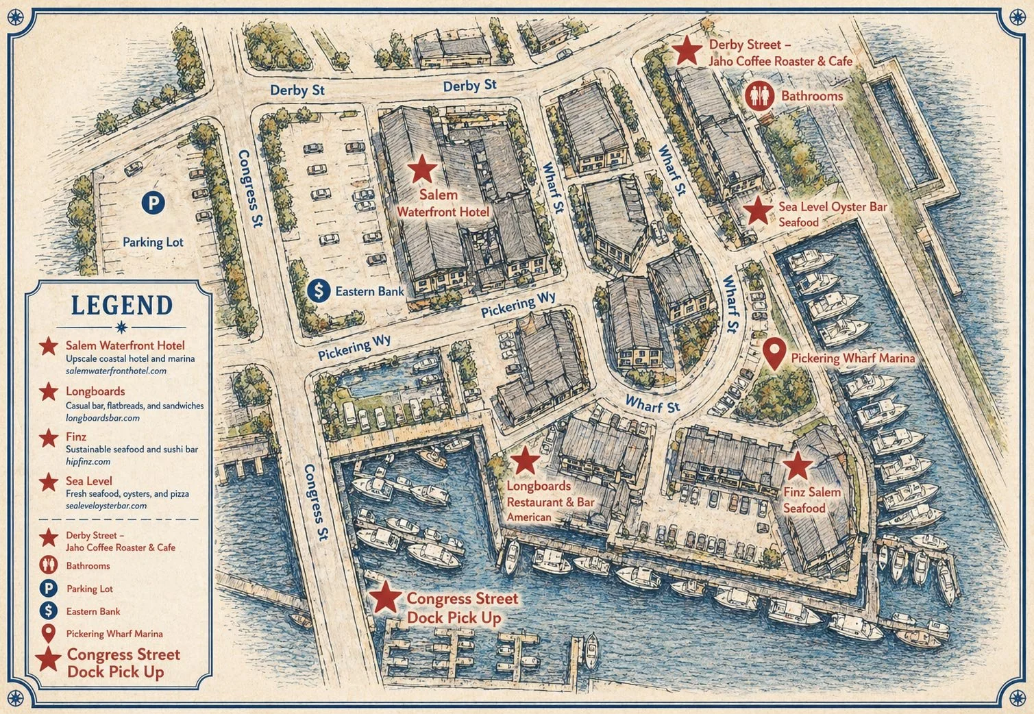 A detailed illustrated map of the Salem waterfront area showing streets, buildings, parking lot, marinas, and various restaurants and hotels marked with stars. Notable locations include the Salem Waterfront Hotel, Congress Street Dock Pick Up, and several seafood restaurants. The map also features a legend explaining the symbols and locations.
