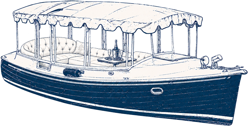 An illustrated navy-and-cream line drawing of a canopied electric duffy boat with tufted wraparound seating and a champagne bottle chilling in a bucket beside two glasses on a small table.