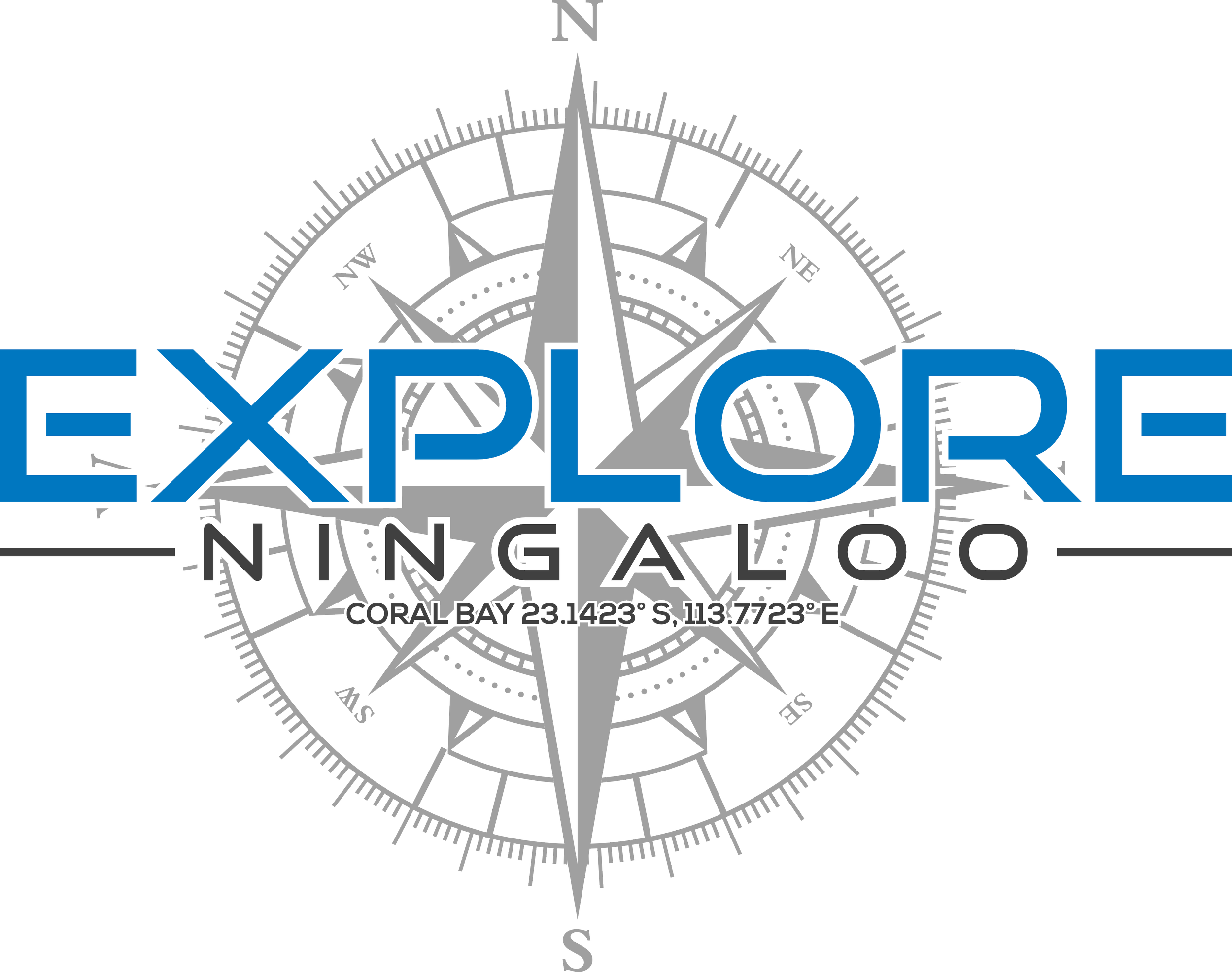 Logo with a compass rose in black, gray, and white, overlaid with the words 'EXPLORE IN GALÓ' and the coordinates 'CORAL BAY 23.1425° S, 113.7723° E'.