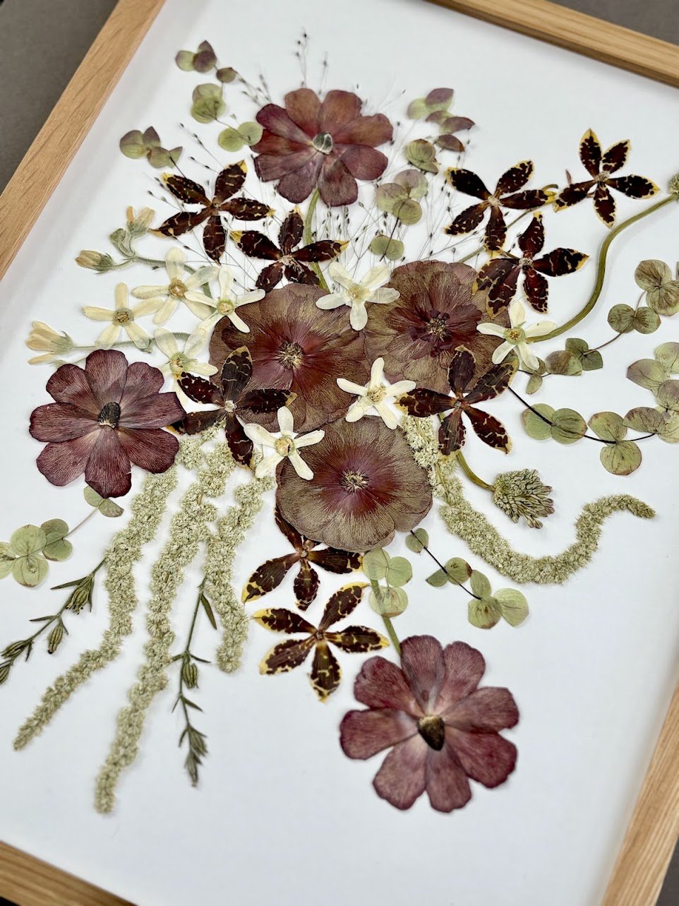 A framed arrangement of pressed dried flowers and leaves on white paper, featuring large reddish-brown flowers, small white flowers, and green foliage.