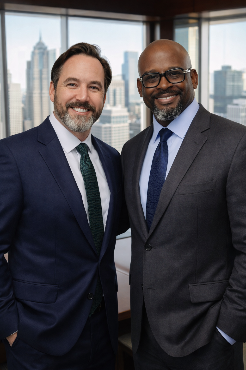 Two professionally dressed men smiling and standing close together in an office with a city skyline view behind them.