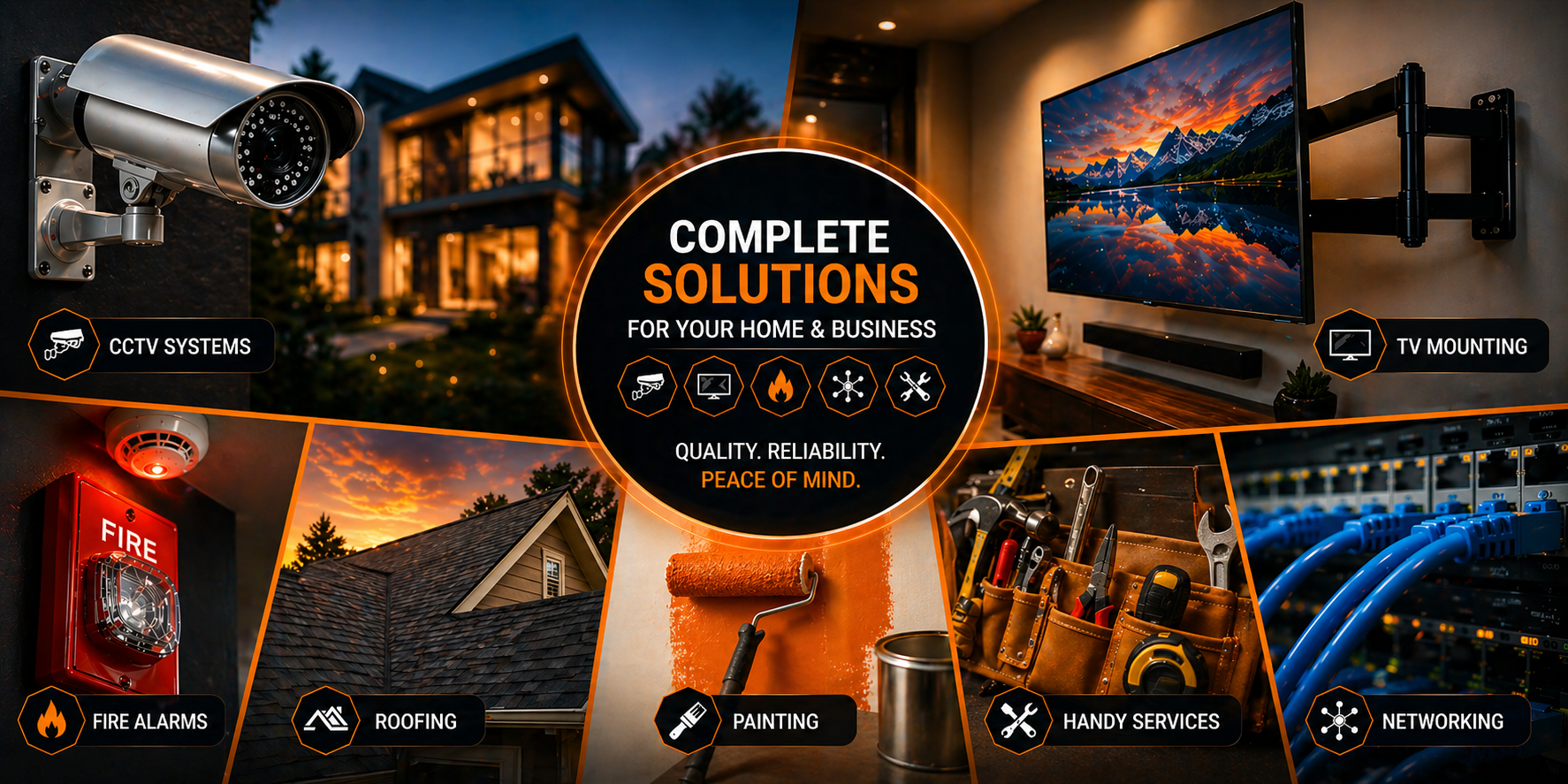 A collage of home and business security and maintenance services including CCTV systems, TV mounting, fire alarms, roofing, painting, handy services, and networking, with a central circle stating "Complete Solutions for your home & business".