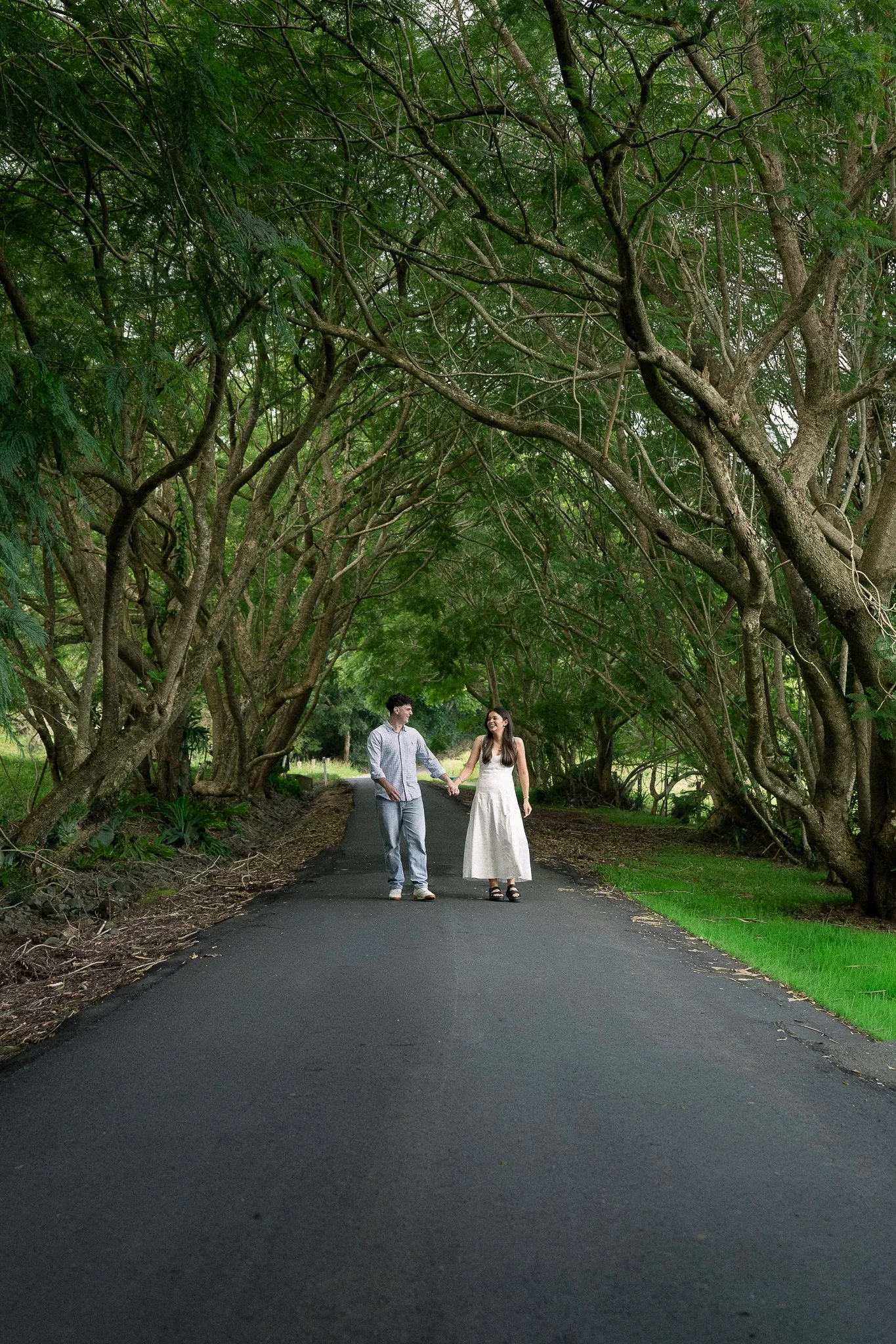 A couple holding hands walking down a paved path through a tree-covered area, with lush green foliage and an arching canopy of branches overhead.