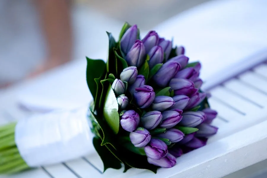 A bouquet of purple and green flowers resting on a white accordion keyboard.