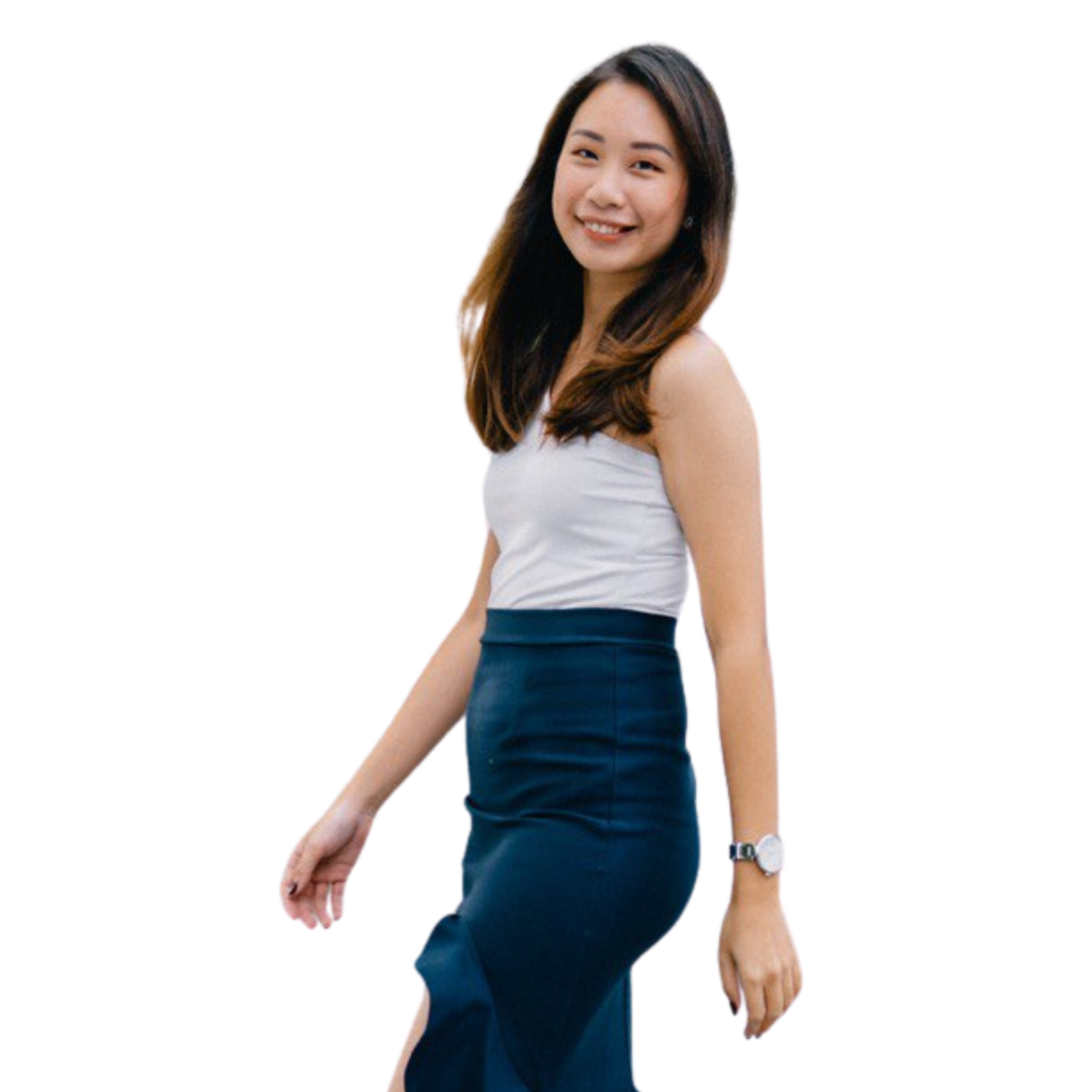 Agatha Neo, Propnex top 1% real estate agent, smiling while wearing a sleeveless white top and a dark blue fitted skirt, standing against a black background.