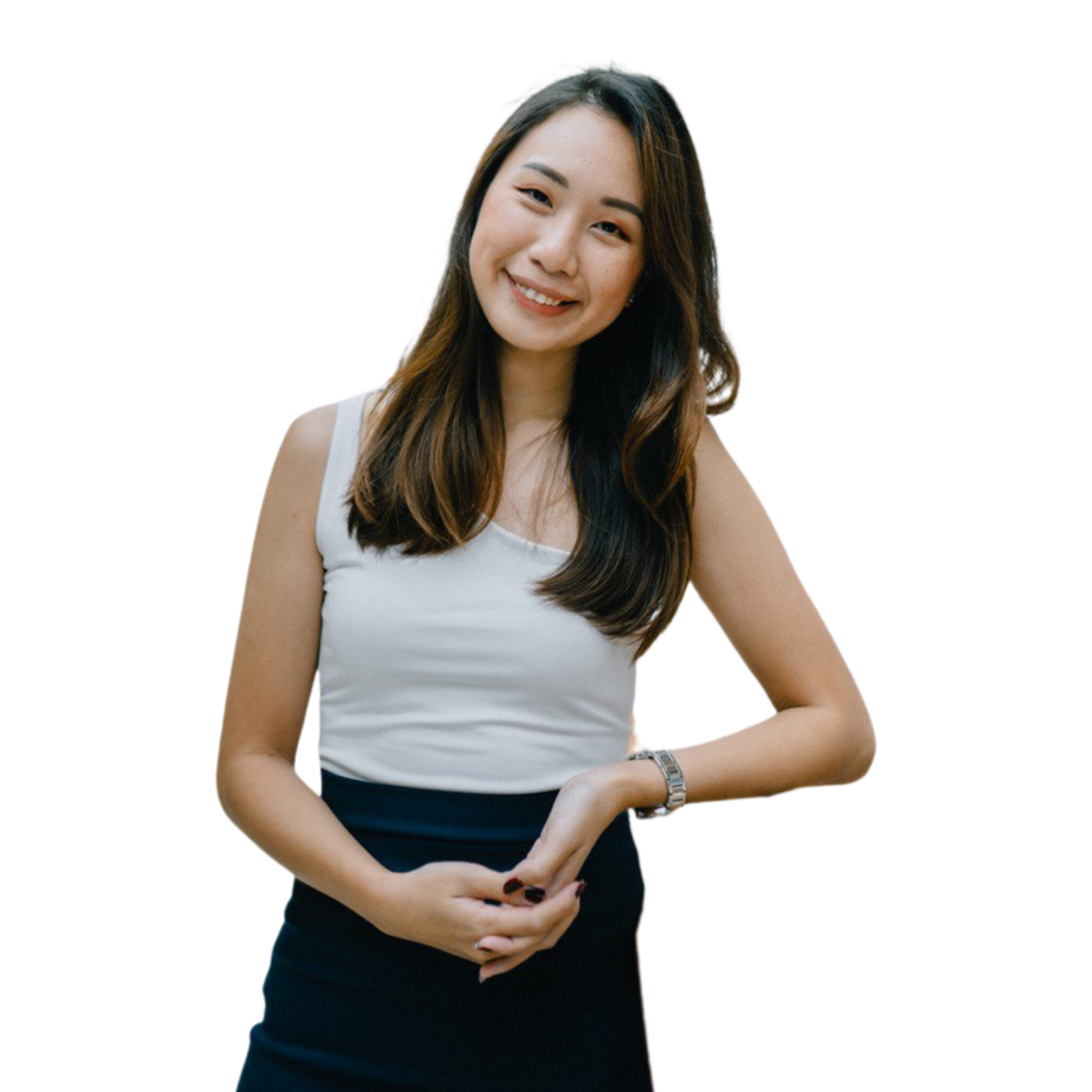 Agatha Neo, Propnex Singapore realtor, top performing from JNA real estate with long dark hair wearing a sleeveless white top and a high-waisted dark skirt.