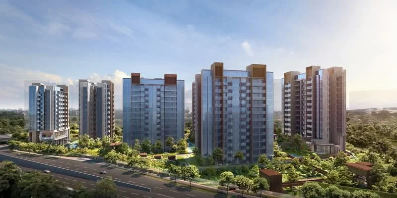 singapore new launch apartment complex with six tall buildings surrounded by greenery, roads, and pathways, under a partly cloudy sky.