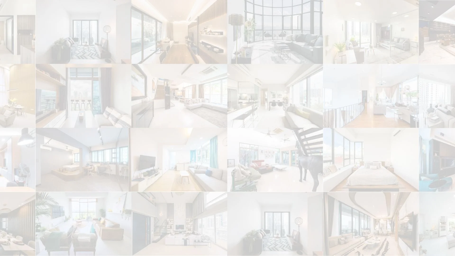 Collage of various modern, bright apartment interiors featuring living rooms, bedrooms, kitchens, and common areas with large windows and contemporary furniture.