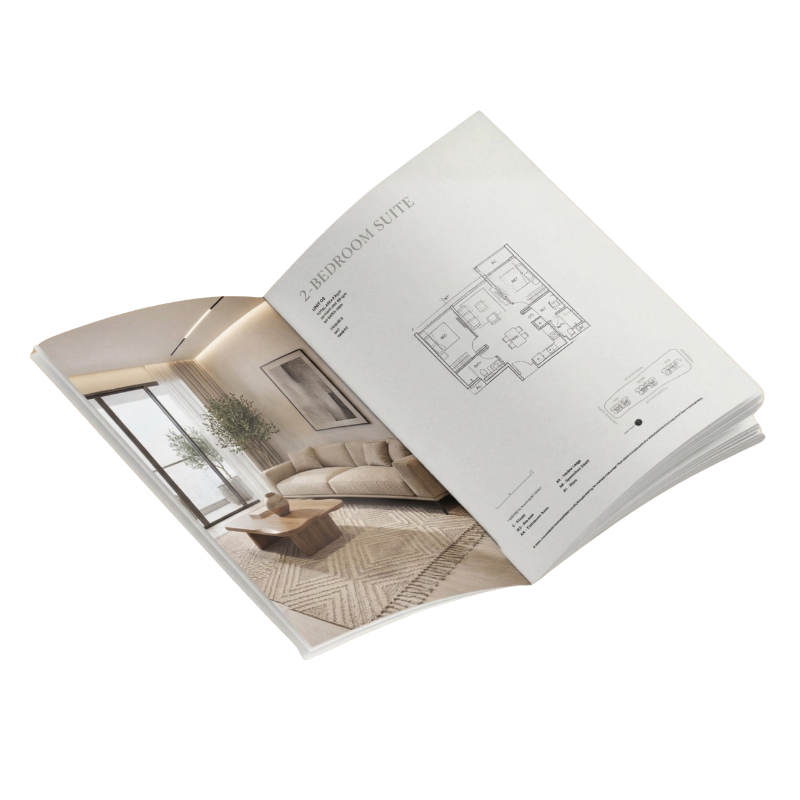 Open real estate brochure showing a living room interior and a 2-bedroom suite floor plan.
